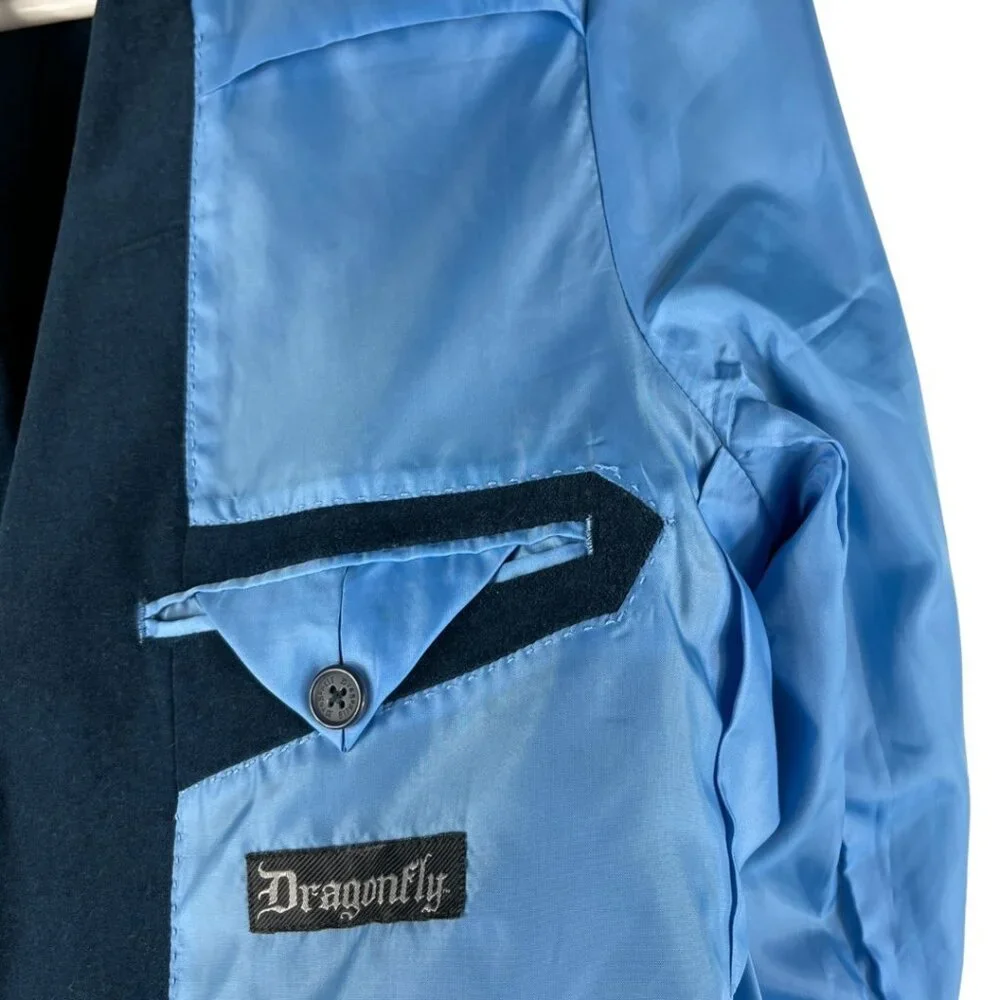 Dragonfly Mens Blue Velvet Velour Smoking Jacket Blazer Dress Coat Size Medium